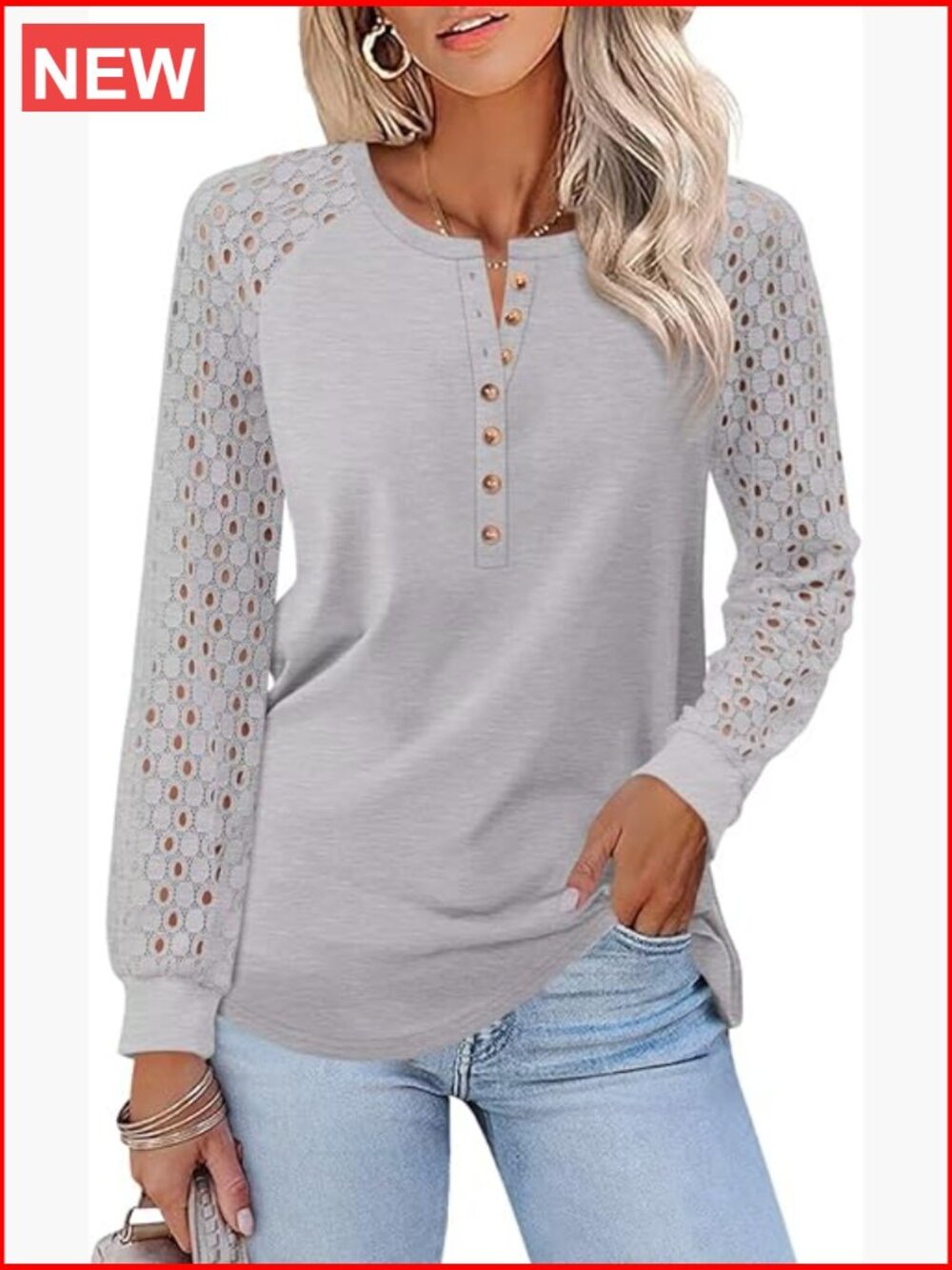Lace Long Sleeve Henley Top Business Casual Blouse Polyester Cotton Spandex